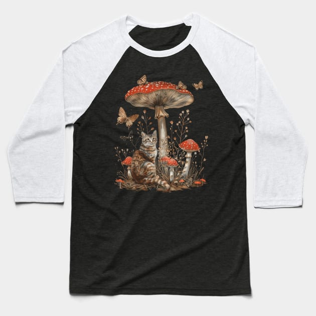 Cottagecore Cat Illustration Baseball T-Shirt by Silly Picture